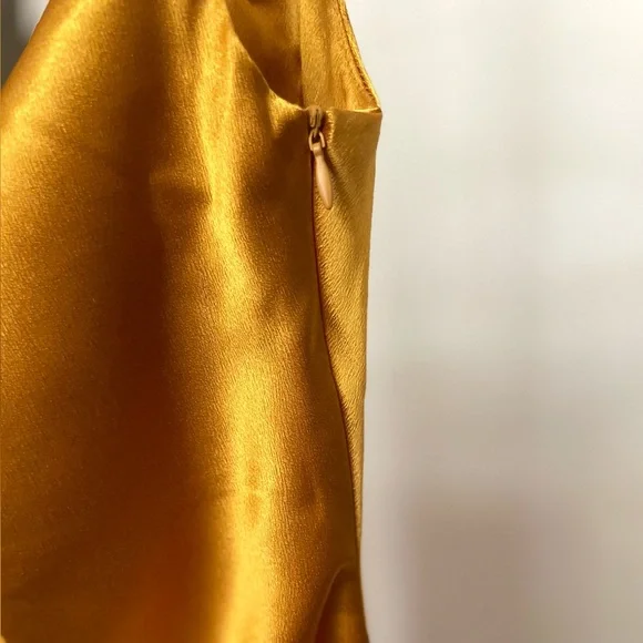 Mustard Midi Spaghetti Strap Bodycon Drawstring Ruched Side Slit Dress| Small - Picture 8 of 11